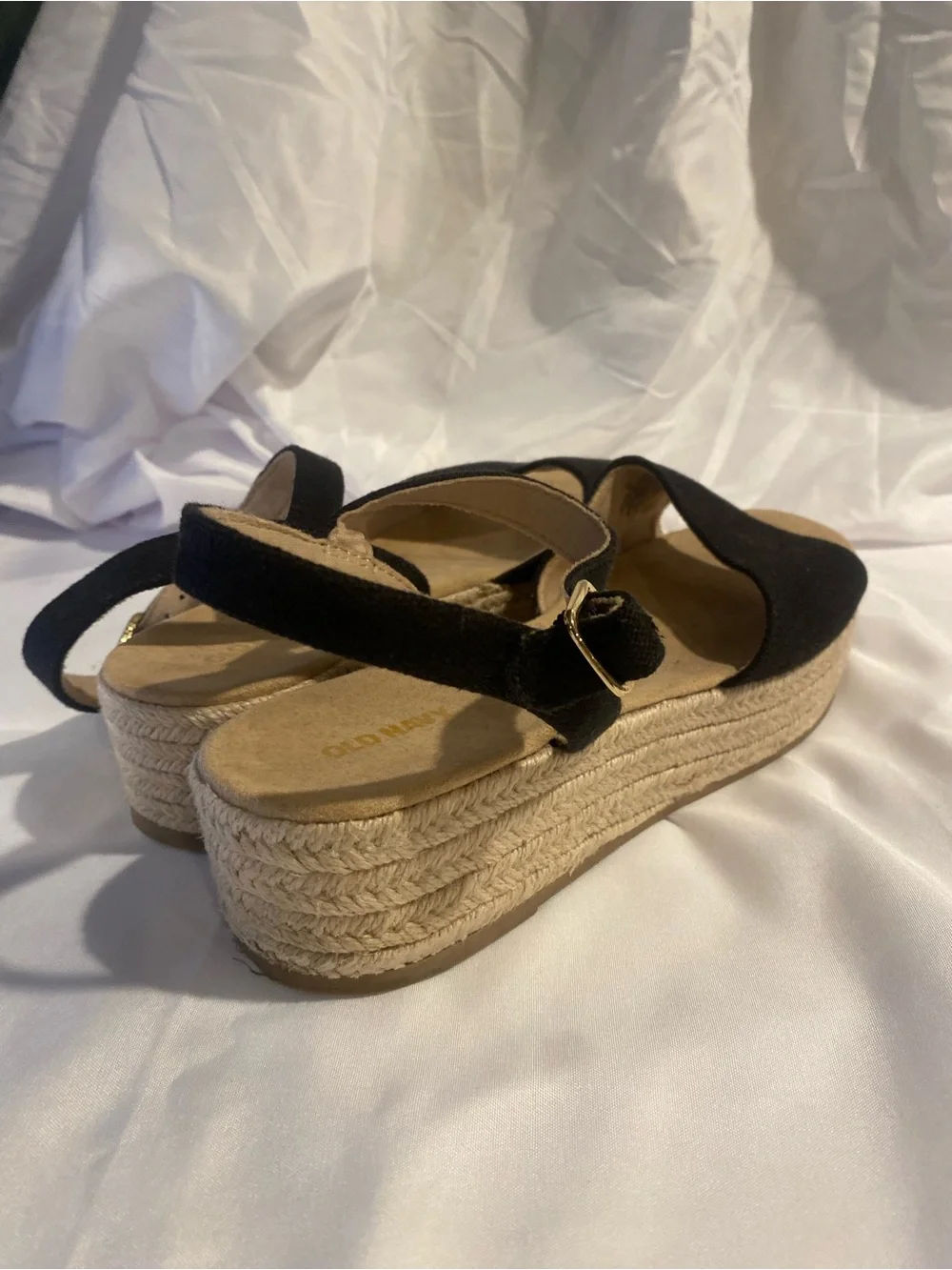Old Navy Women’s Black Linen Espadrille Wedge Sandals Ankle Strap Buckle 10
